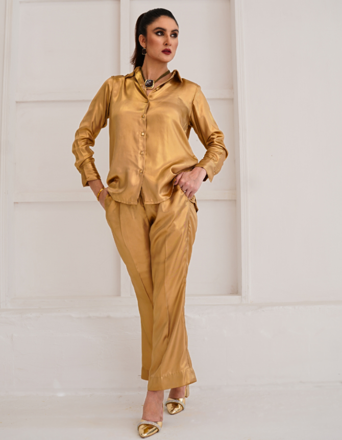 Shimmery Two-Piece Button-Up Top & Trouser Set