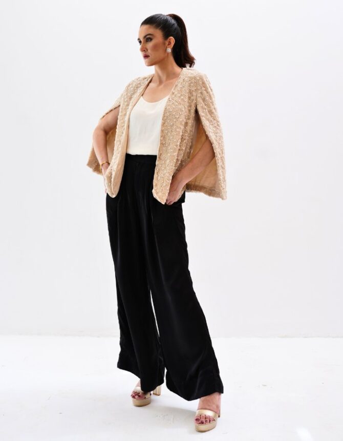 Fawn Pearl Jacket and Black Silk Palazzo Pants