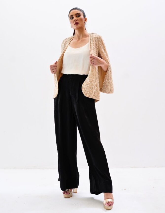 Fawn Pearl Jacket and Black Silk Palazzo Pants