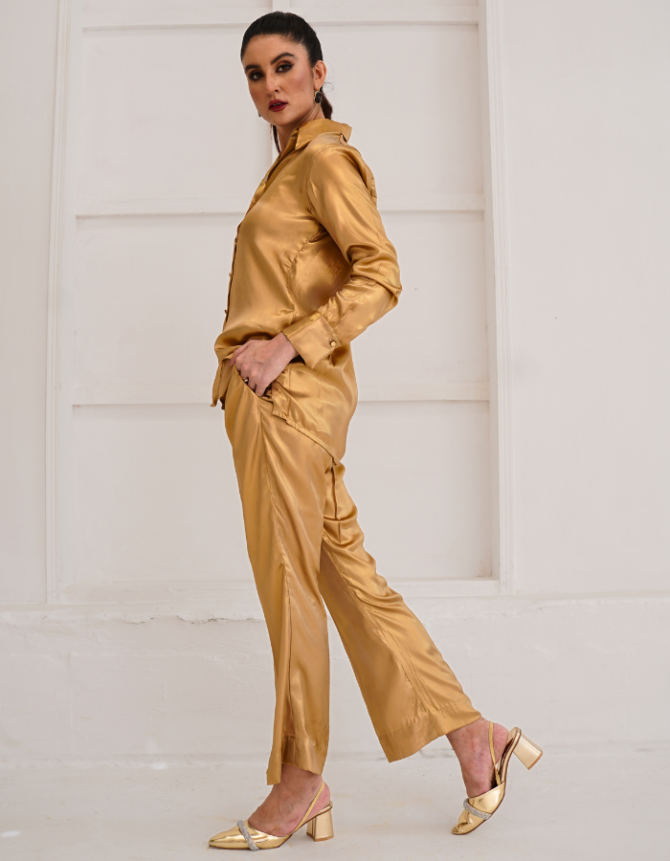 Shimmery Two-Piece Button-Up Top & Trouser Set