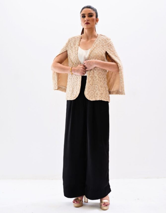 Fawn Pearl Jacket and Black Silk Palazzo Pants