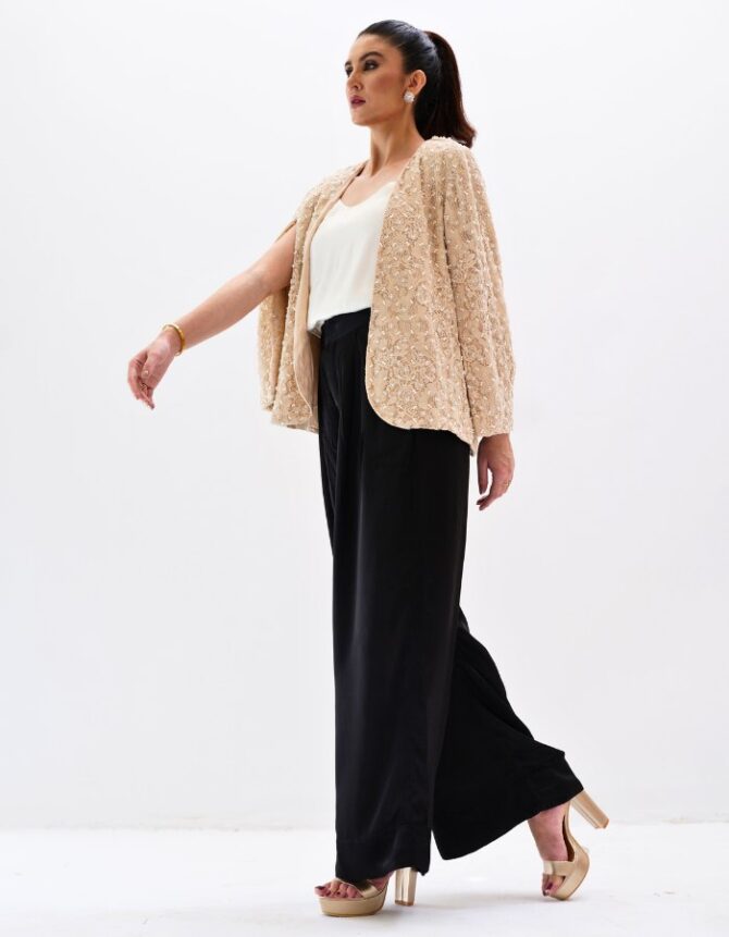 Fawn Pearl Jacket and Black Silk Palazzo Pants