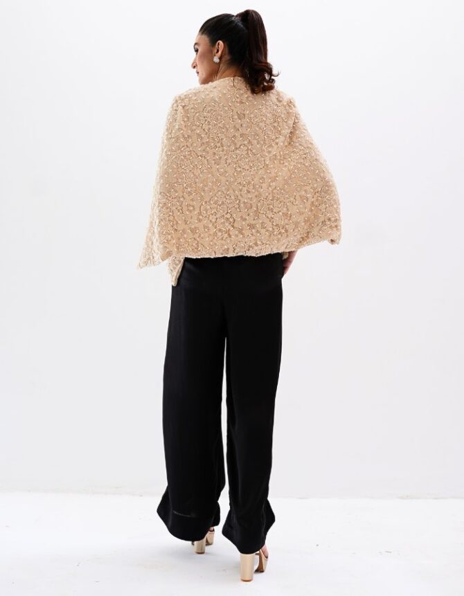 Fawn Pearl Jacket and Black Silk Palazzo Pants